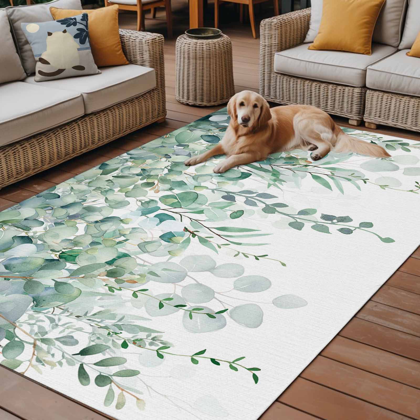 Outdoor Rug 5x8ft Sage Green Eucalyptus Large Area Rug Watercolor Leaves Indoor Outdoor Carpet Outdoor Rugs Mats for Patio Camping,RV,Front Door, Outside Decor