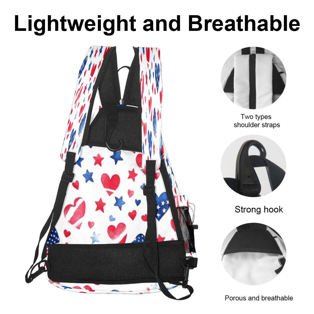 Pickleball Bags for Men Women Pickleball Backpack with Large Capacity Lightweight Adjustable Pickleball Sling Bag Hold Paddles, Balls, Accessories Red, White And Blue Heart And Star Pattern