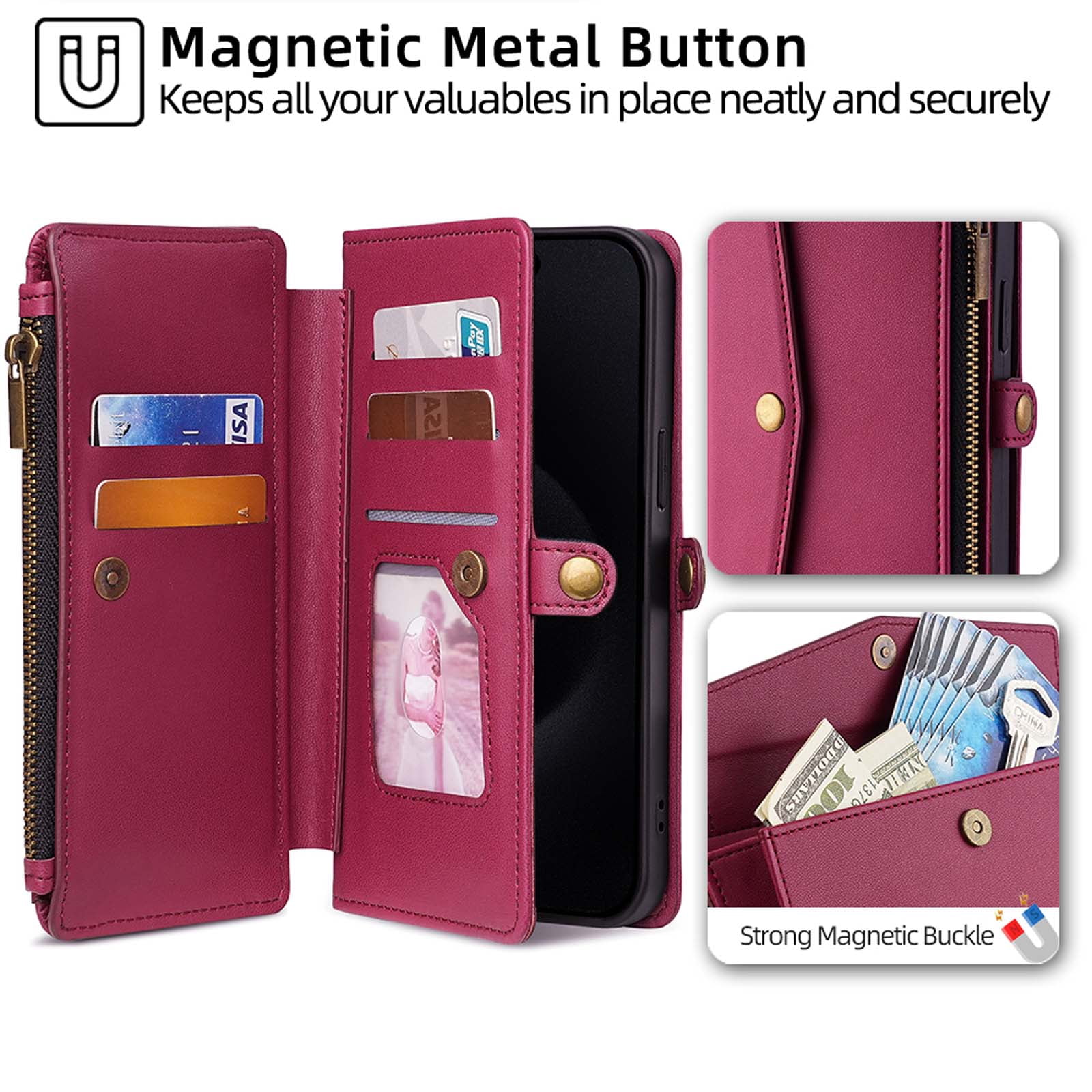 Compatible with Google Pixel 9 / 9 Pro Crossbody Wallet Case,Flip Folding Kickstand,With Card Slots,Long Strap&Short Strap,Zipper Pocket,Shockproof Heavy Duty PU Leather Phone Case,Red
