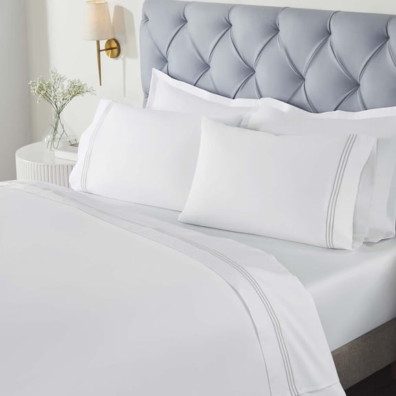 BNM Three-Line Embroidered Cotton Bed Sheet Set, Twin, White/Silver