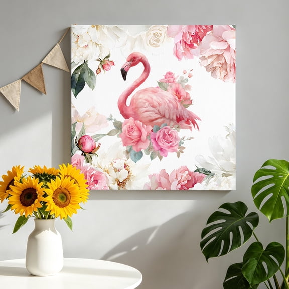 Flamingos Rose Canvas Wall Art, Pink Watercolor Floral Spring Nature Framed Canvas Wall Decor Picture Print Artwork Decorations for Living Room Office Ready to Hang 8" x 8"