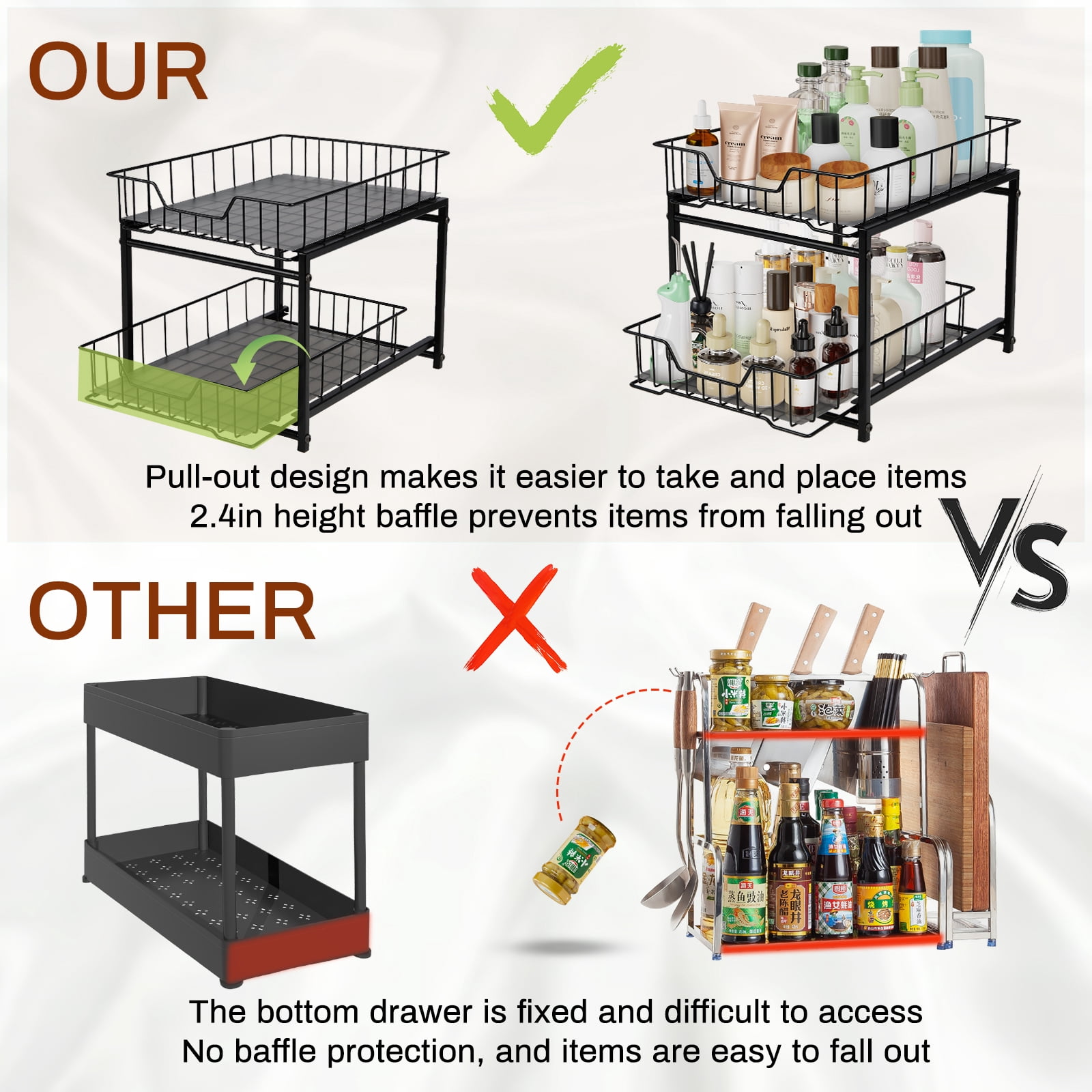 NUBILY Under Sink Organizer 2 Tier Pull Out Rustproof Sliding Drawer for Kitchen Bathroom Cabinet Black