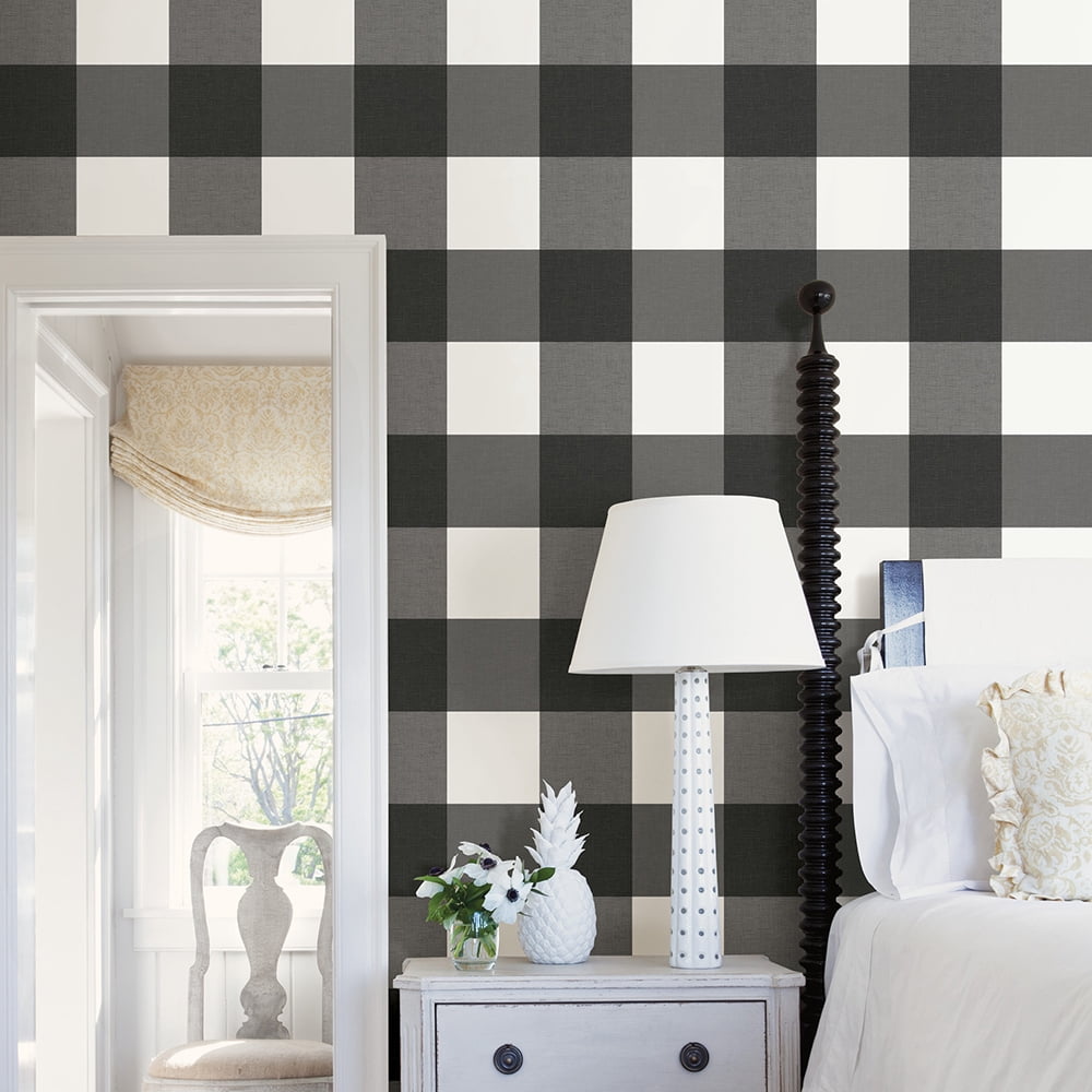 NuWallpaper Charcoal Farmhouse Plaid Vinyl Peel And Stick Wallpaper, 216-in by 20.5-in, 30.75 sq. ft.