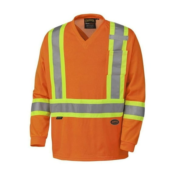 Pioneer Hi Vis Quick-Dry Work Safety Long Sleeve Shirt for Men - for Construction - Cooling Moisture-Wicking Mesh - Orange