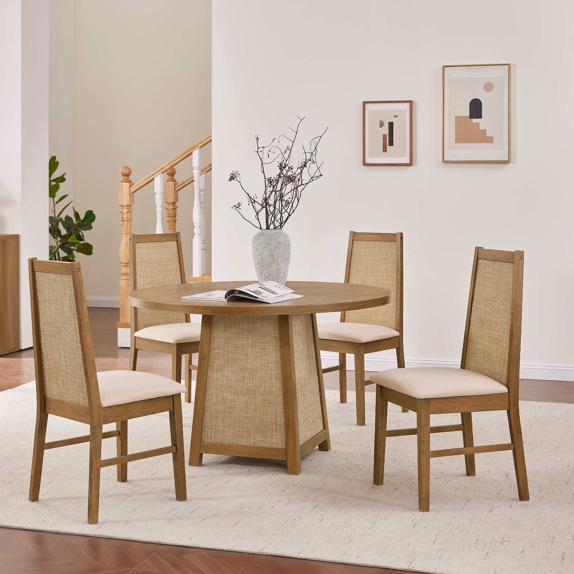 SICOTAS 47" Boho Round Solid Wood Dining Table for 4, Farmhouse Rattan Kitchen Table with 1.4" Thickened Tabletop for Dining Room, Living Room, Natural Wood