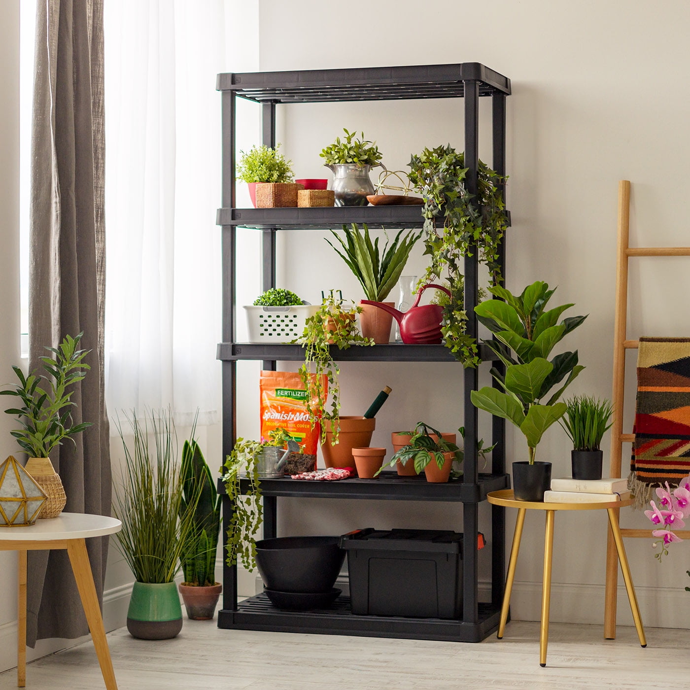 IRIS 5-Tier Plastic Storage Shelves, 73" H x 17" W x 35" D, 500 Lb Total Capacity, Black