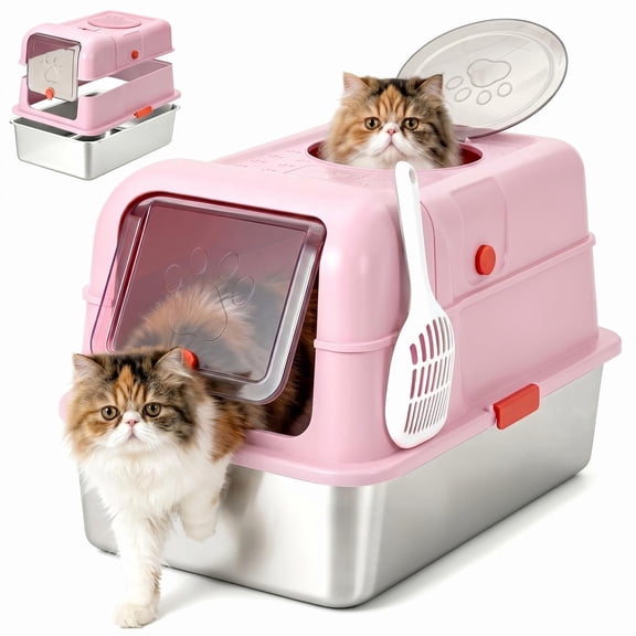 Stainless Steel Dog-Proof Cat Litter Box XL, 23.6" Front Entry Top Exit Enclosed Metal Pan with Lid, High-Sided Anti-Leak, Scoop for Big Cats & Multi-Cat Home
