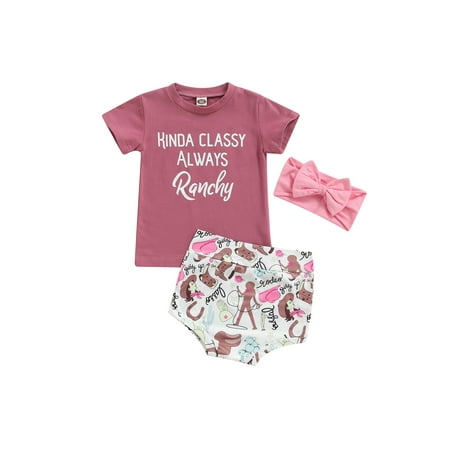 

ZIYIXIN 3pcs Summer Lovely Baby Girls Clothes Letter Short Sleeve T Shirts Top+Pattern Printed Shorts Headband Sets Pink 12-18 Months