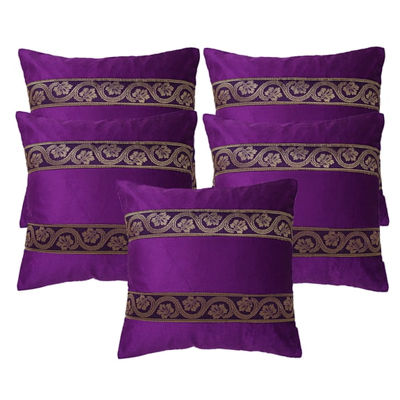 Stylo Culture Indian Sofa Throw Pillow Covers 16x16 Polydupion Brocade Jacquard Purple Square 40x40 cm Home Decor Velvet Floral Zippered Cushion Covers | Set Of 5
