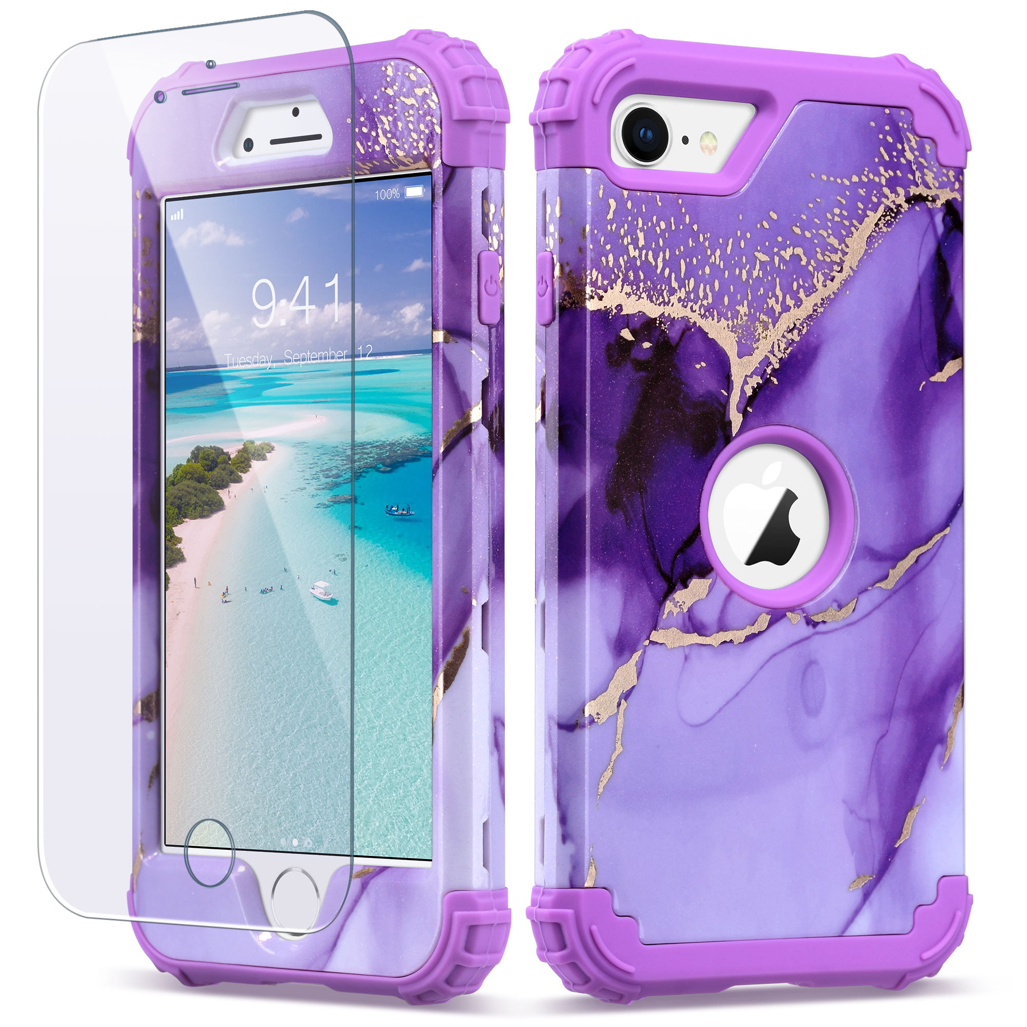 iPhone SE 2022 2020 Case With Screen Protector, iPhone 7 Case, iPhone 8 Case, ULAK Duty 3 Layer Shockproof Protective Phone Case for iPhone 7/8/SE 3rd 2nd Generation, Purple Marble - Walmart.com