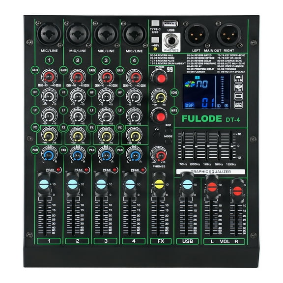DT-4 Professional 4 Channe Audio Mixer，DJ Controller Sound Board Mixing with 99 DSP Effects,5-Band EQ/4 XLR interfaces and USB for Live Streaming & Recording，48V Phantom Power & Vocal Removal