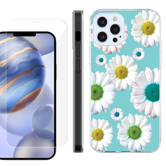 Slim Fit Protective Phone Case for Apple iPhone 12 / iPhone 12 Pro, with Tempered Glass Screen Protector, by OneToughShield ® - Daisy/Teal