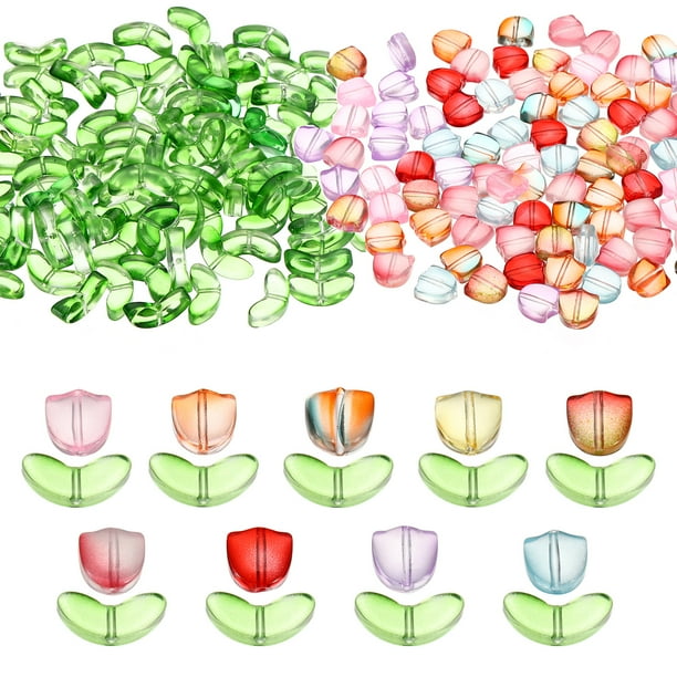 Uxcell cuentas de cristal en forma de tulipán, paquete de 200 cuentas de flores, cuentas espaciadoras de vidrio hechas a mano, colores surtidos