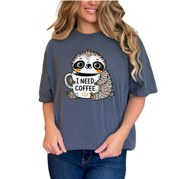 Cute Sloth I Need Coffee Funny T-Shirt, Funny Sloth Lover Gift Tee, Animal Coffee Mug Shirt, Adorable Sloth Quote T-Shirt, Denim Comfort Colors T-Shirt, Small