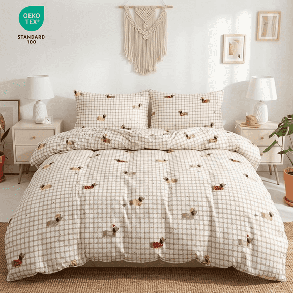 3 Pieces Cute Dog Puppy Coffee Gingham Comforter Set Cute Cartoon Dachshund Dog Queen Grid Comforter Lovely Animal Pet Soft Cozy Bedroom Bedding Set