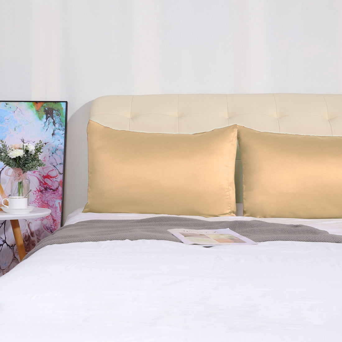 Unique Bargains Silky Satin Pillow Cases Covers Set of 2 Caramel King