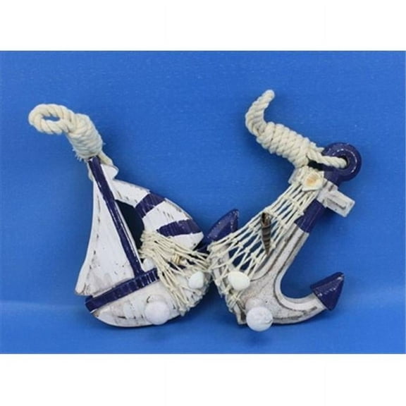 Hampton Nautical Wooden Rustic Blue Sailboat/Anchor Wall Accent with Hook Set, 6"