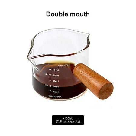 

KKMOL Double Spouts Measuring Triple Pitcher Milk Cup with Wood Handle 75ML Espresso Shot Glasses Parts Clear Glass