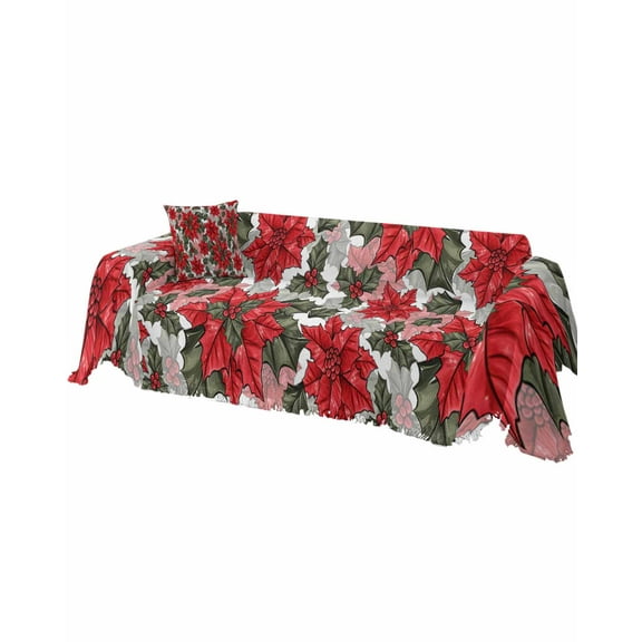 Christmas Flower Sofa Covers for 3 Cushion Couch, Washable Sectional & L Shape Couch Covers for Dogs/Cats/Kids, Red Green Poinsettia Floral Non Slip Sofa Slipcover Futon Cover 71''x150''
