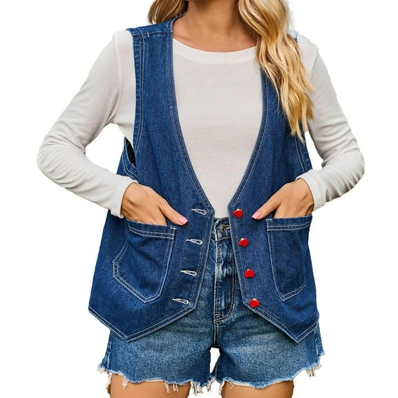 Fashion Denim Vest Tops for Women with Pockets V-neck Red Buttons Retro Jean Jacket Sleeveless Cowgirl Waistcoat (X-Large, Blue)