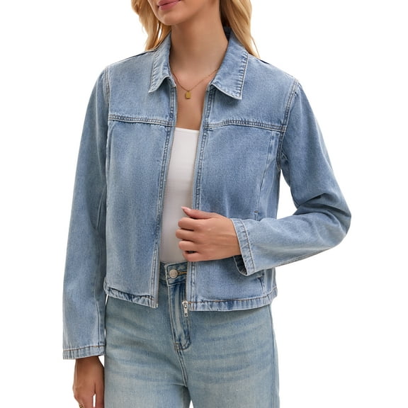 INSPIRE CHIC Women's Cropped Zip Up Denim Jacket Long Sleeve Motorcycle Bomber Style Coat M Light Blue