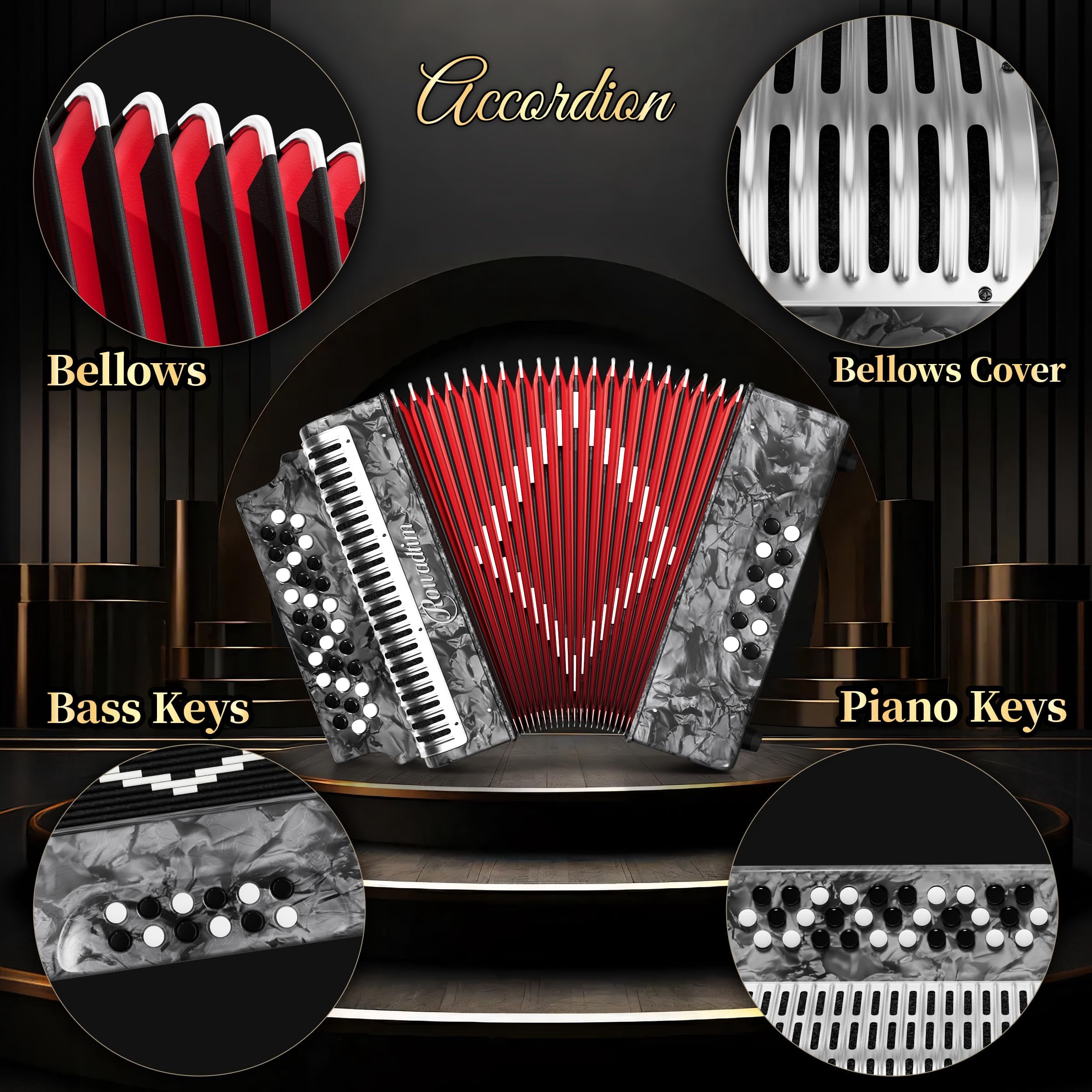 Rowadtim 31 Key Diatonic Accordions, 12 Bass Buttons (G/C/F Tuning) Suitable for Beginners, Adults, Performances and Teachers; Comes with  Case, Adjustable Strap, Gloves and Polishing Cloth (Gray)