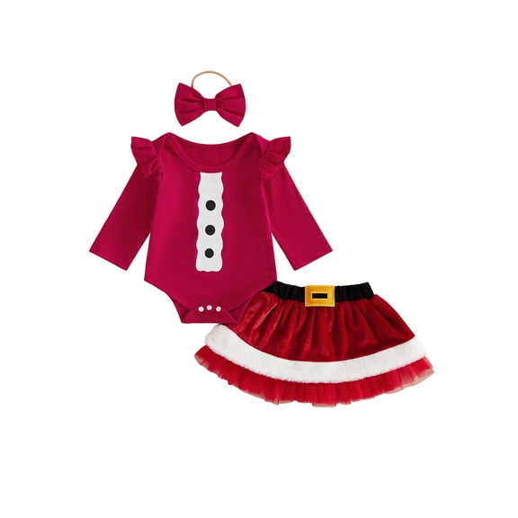 RUINIXCW Baby Girl Christmas Outfit Long Sleeve Romper Skirt Headband Set