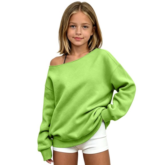 BOOMNY Child Girls Sweatshirts Oversized One Shoulder Sweatshirt for Kids Fashion Fall Winter Pullover Tops