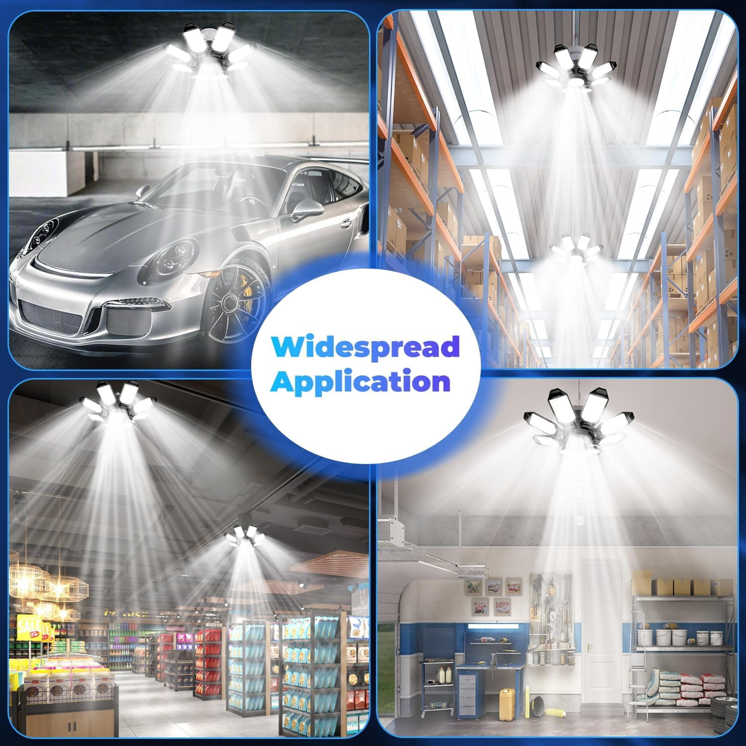 FIWARY LED Garage Light - 2Pack Bright 50000LM Garage Lights Ceiling Led w/ 8 Deformable Panels 6500K Led Light Bulb Srew in E26/E27 Socket with Adjustable Center Spotlight for Barn Workshop Attic