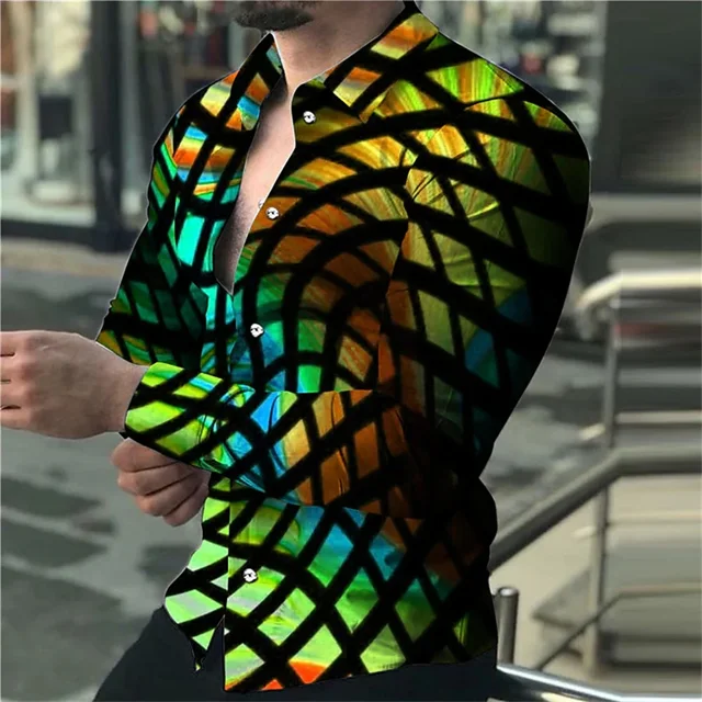Camisa de manga larga con cuello tipo polo con estampado 3D de árbol de empalme para hombre, ropa de diseño para fiesta y club, tallas S a 6XL, novedad de 2024