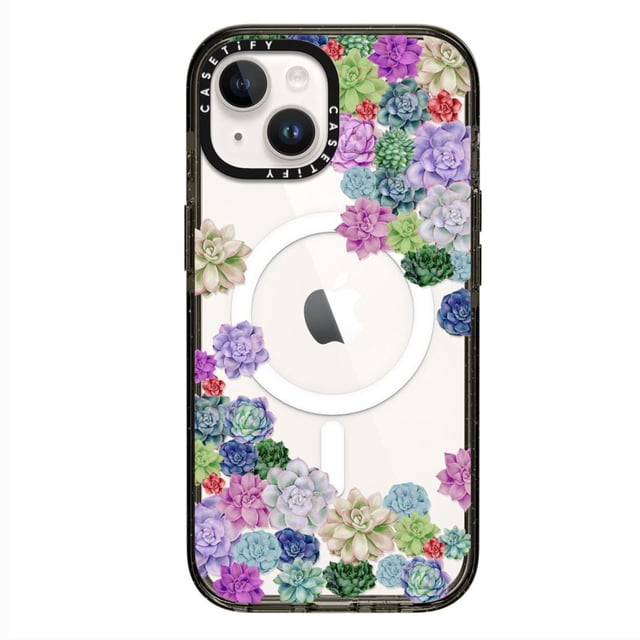 case casetify suculentas floral para iphone 13, 14 y 15 plus multicolor — funda frontal centrada y transparente con anillo visible para MagSafe y patrón de suculentas multicolor (lilas, verdes y rosas) en los bordes; protector de cámara elevado negro con texto CASETiFY, bisel levantado y esquinas reforzadas para protección contra impactos; también adecuada para llevar tarjetas delgadas en bolso.