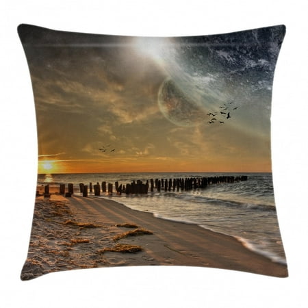 Space Throw Pillow Cushion Cover, Magical Solar Eclipse on Beach Ocean with Horizon Sun Moon Globe Gulls Flying View, Decorative Square Accent Pillow Case, 16 X 16 Inches, Cream Orange, by