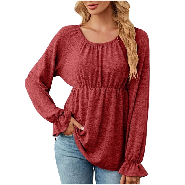 HKEJIAOI Polyester Manches Longues Tops Col Rond Solide Sortir Hauts pour Femme