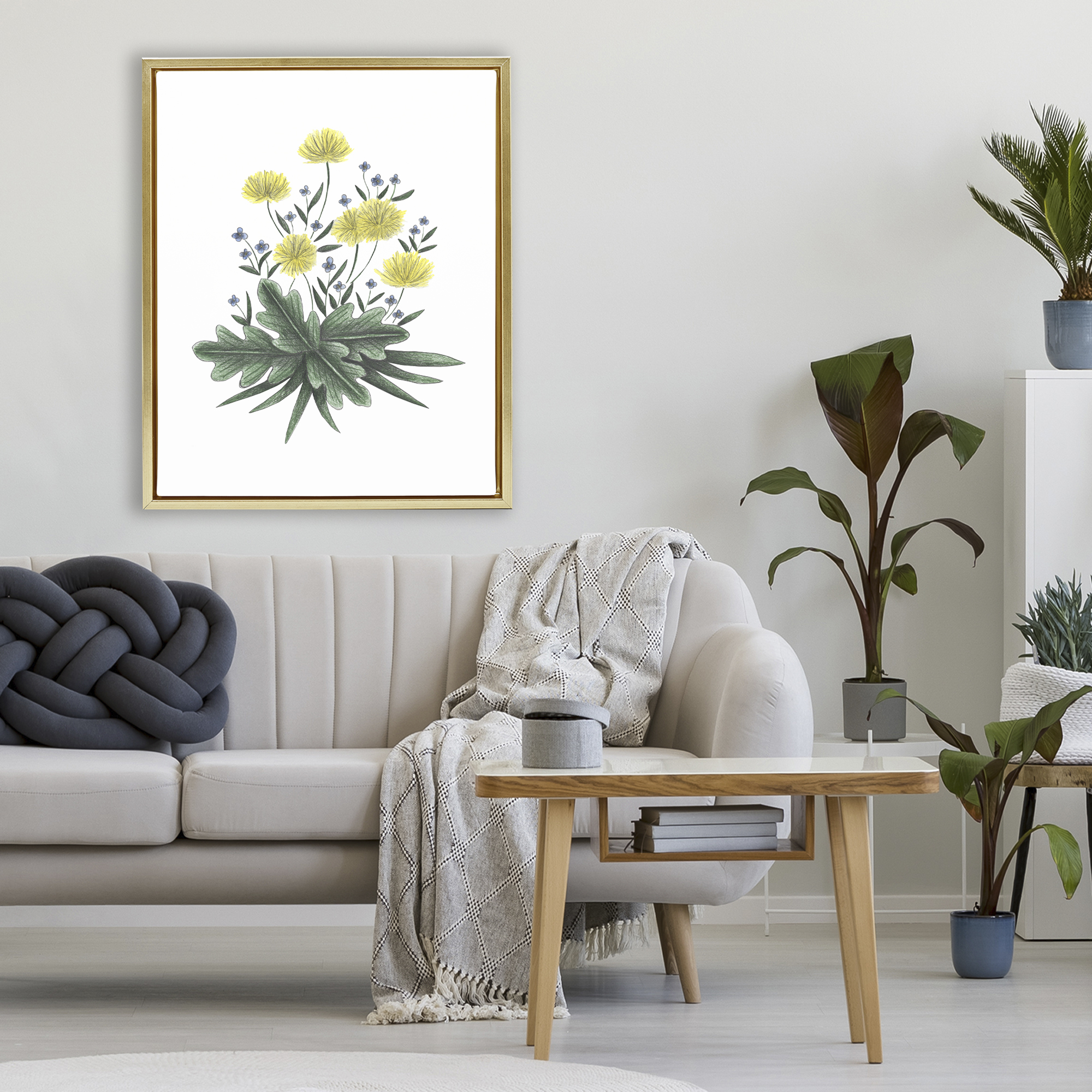 Dandelion Flower Illustration Gold Framed Floater Canvas Wall Art, design by Cecilia Battaini