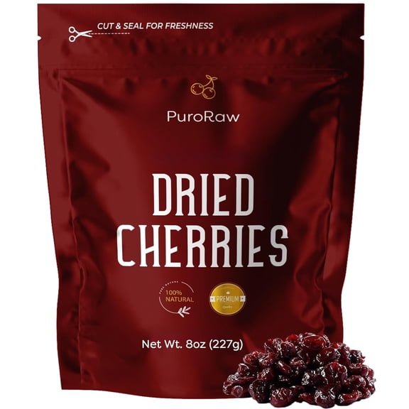 PuroRaw Dried Cherries Unsweetened 8oz – Montmorency Tart Cherries, No Sugar Added, USA Grown, Resealable Bag, Bulk Sour Cherries for Snacking, Baking & Recipes