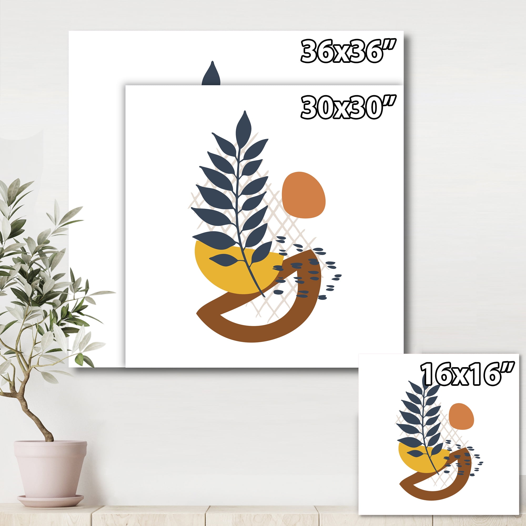 Designart ' Abstract Leaves With Elementary Shapes ' Modern Canvas Wall Art Print