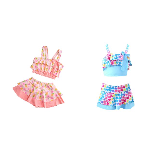 (2-Pack) Rinsvye Girls Cute Swimsuit For Kids Bathing Suit Two Piece Tankini Rash Guard Sets Beach Pool Summer Vacation Wear