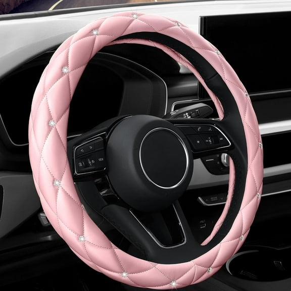 Cute Diamond Soft Light Pink Leather Anti-Slip Steering Wheel Cover with Bling Bling Crystal Rhinestones, Universal 15 Inch for Women Girls, Fit Vehicles, Sedans, SUVs, Vans, Trucks