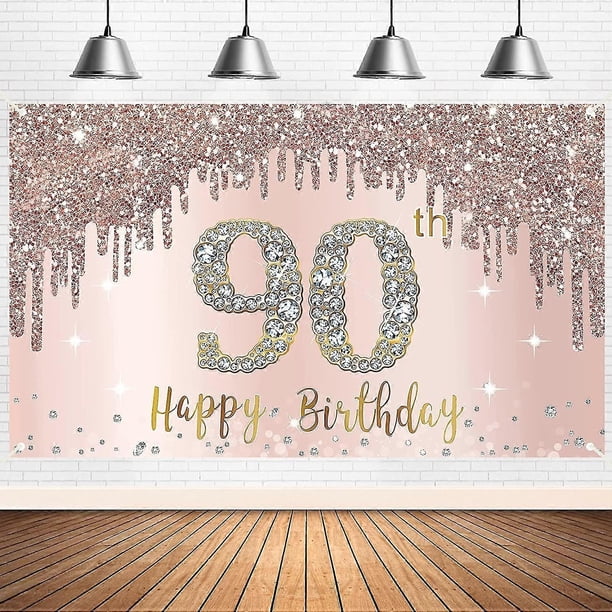 Happy 90th Birthday Banner Backdrop Decorations For Women, Rose Gold 90 Birthday Party Sign Supplies, Pink 90 Year Old Birthday Poster Background Phot