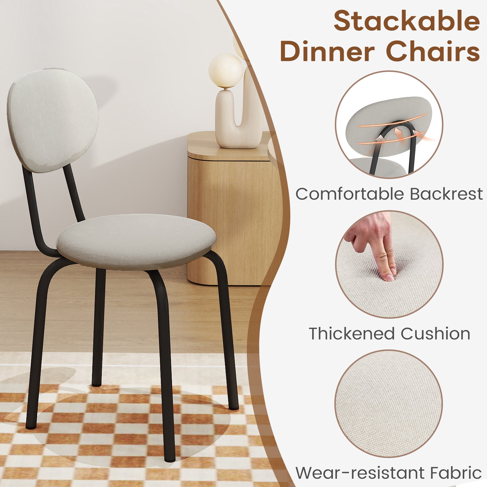 Melocadol Stackable Dining Chairs Set of 4, Modern Upholstered Dining Chairs with Comfortable Padded Seating, Steel Frame with 400 Lb. Capacity, Space Saving, for Kitchen, Dining Room, Beige