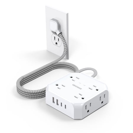 LAJCAEN 5 Ft Surge Protector Power Strip - 8 Widely Outlets with 4 USB Ports, 3 Side Outlet Extender with 5 Feet Extension Cord, Flat Plug, Wall Mount, Desk USB Charging Station for Home, White