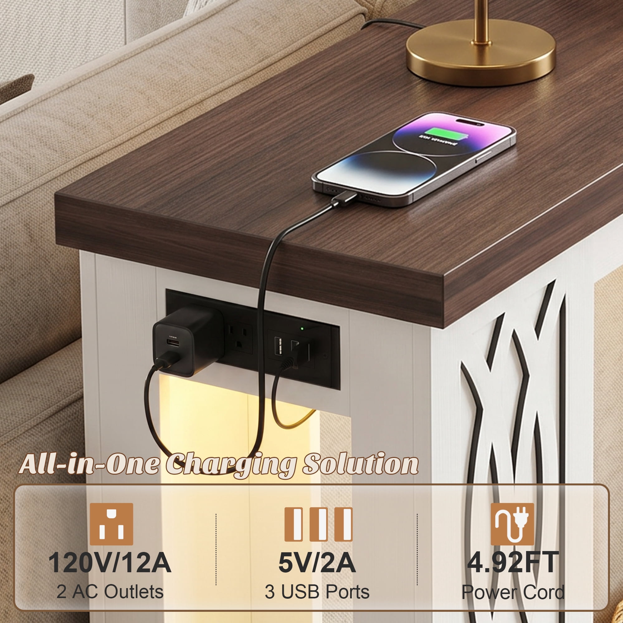 Homieasy 63'' Farmhouse Console Table with Charging Station and LED Lights for Hallway, Entryway, Living Room, White & Walnut