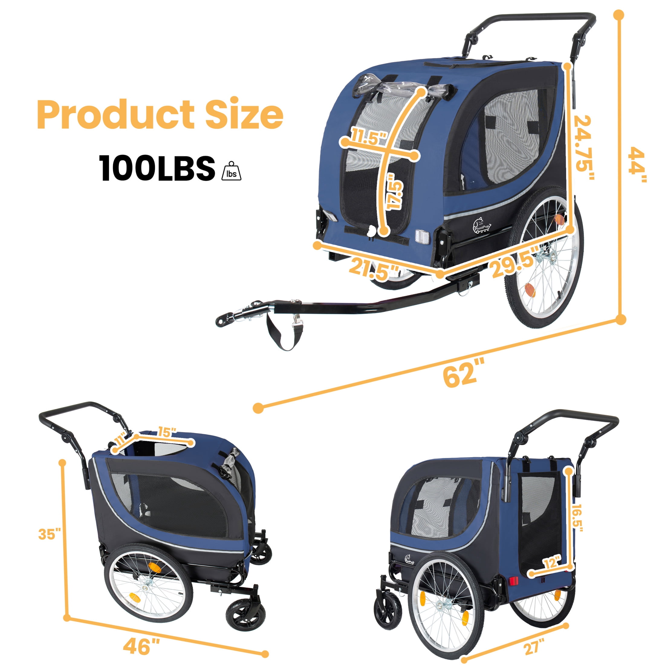 Noble House 2-in-1 Bike Trailer & Pet Stroller with Air-Filled Wheels & Breathable Mesh, Foldable Carrier Cart, Dark Blue