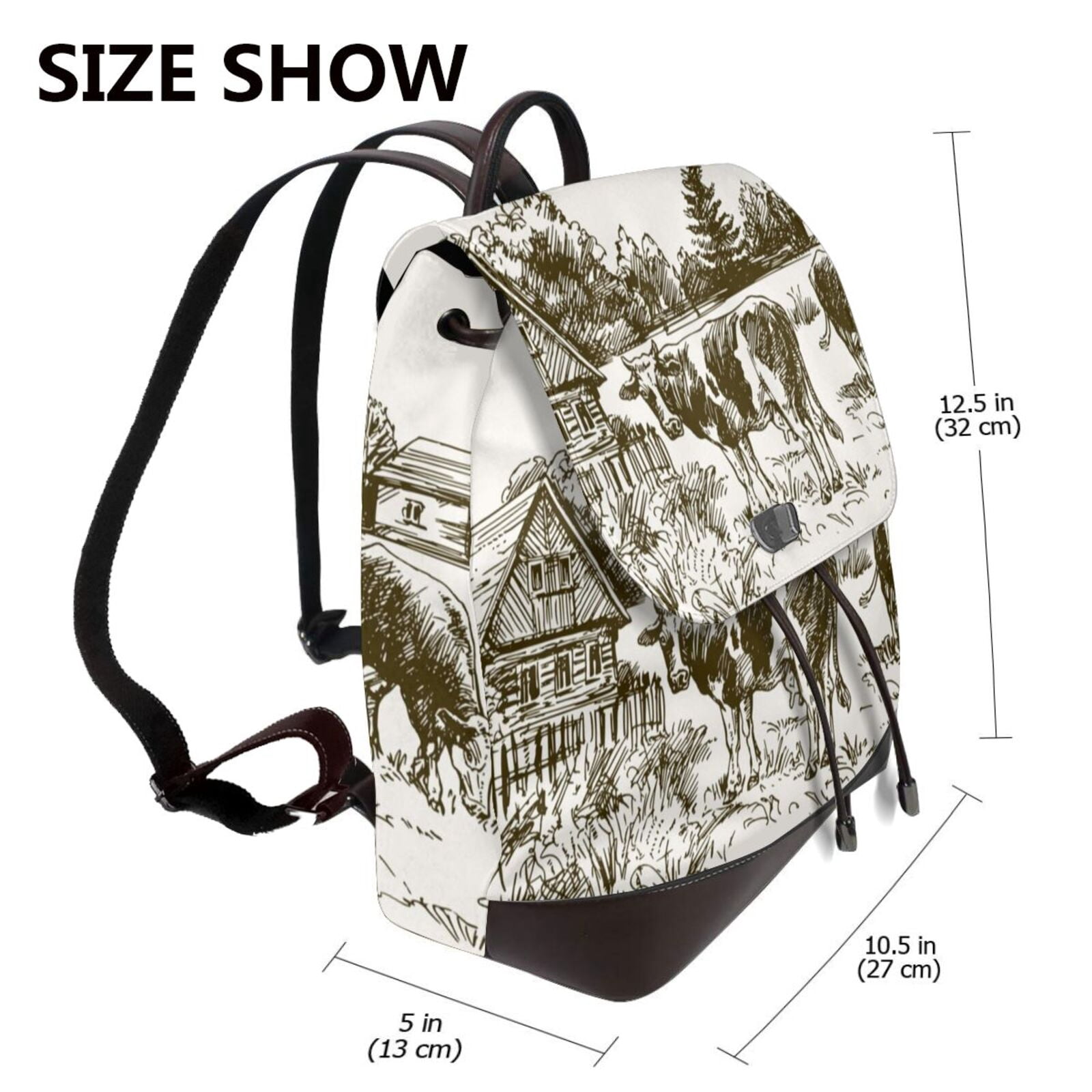 Xecao Cows Grazing On The Meadow Print Large Backpack Soft Leather for Women Travel with Compartment, Adjustable Convertible Strap