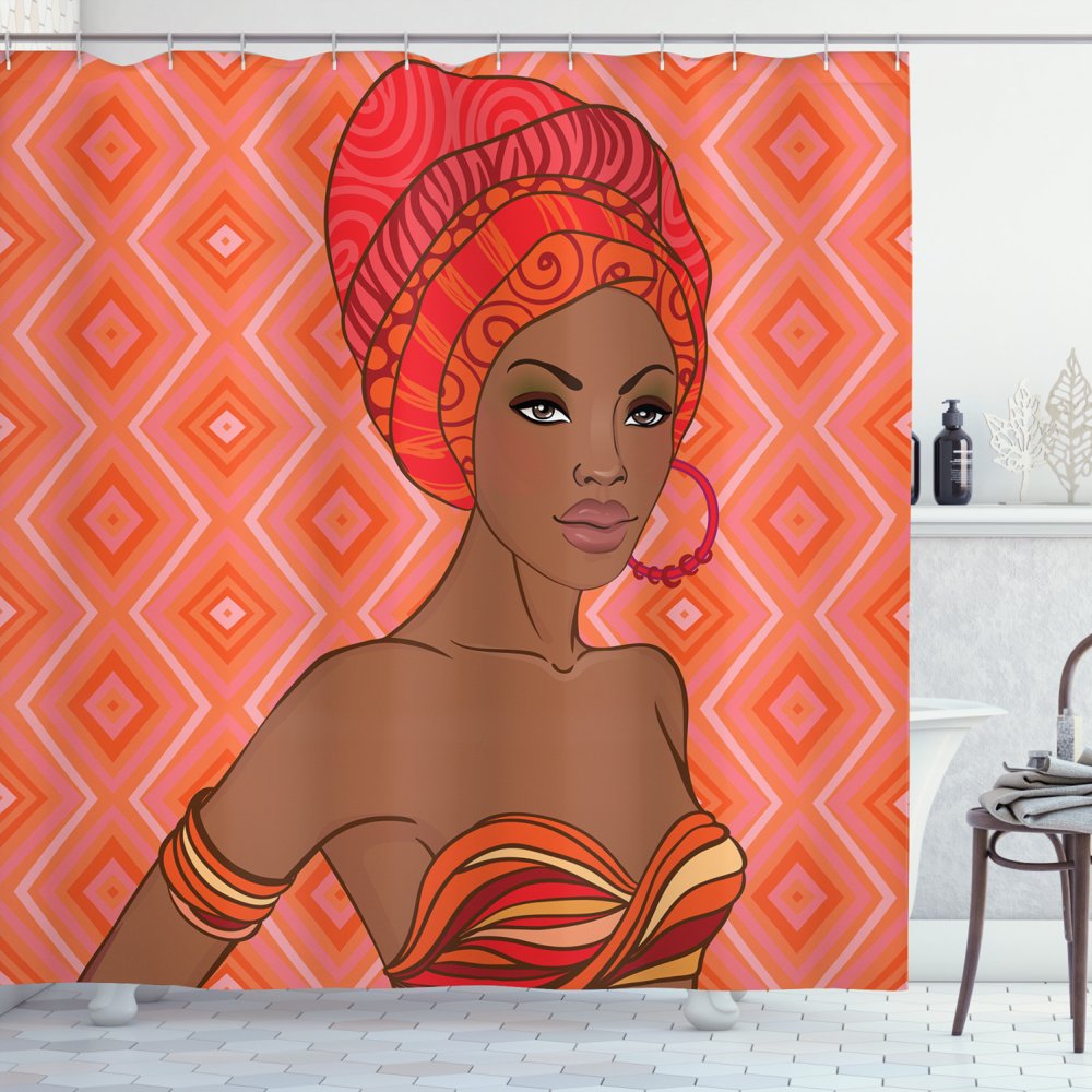 African Shower Curtain, Portrait of African Woman in Ethnic Dress Zulu Inspired Tribal Graphic