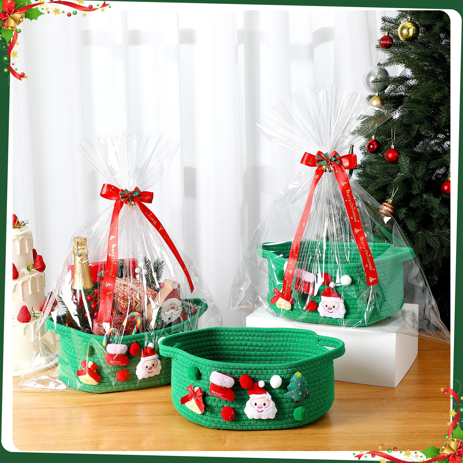 3 Set Christmas Basket Gift Set,Small Storage Basket for Gifts, Gift Baskets Empty, Baby Basket for Toys, Towels, Decorative Woven Rope Baskets for Christmas Holiday Decorations(Red,Classic)