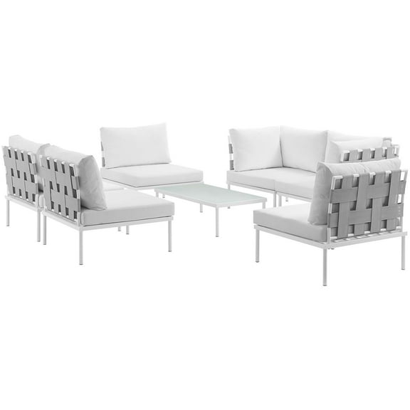 Modern Contemporary Urban Design Outdoor Patio Balcony Seven PCS Sectional Sofa Set, White, Rattan