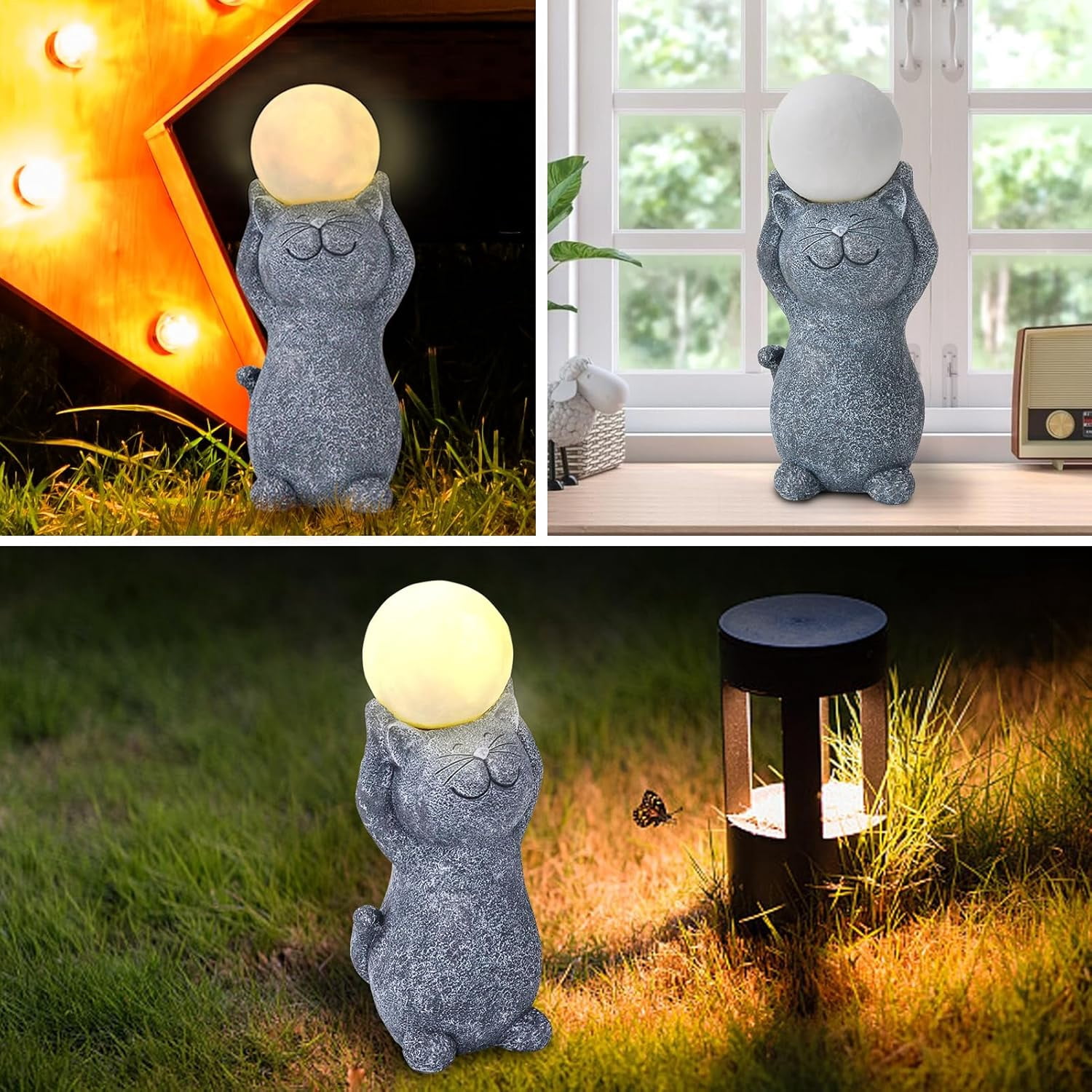 Solar Garden Decor Cat Moon Outdoor Statue and Figurine Lights,Outdoor Patio Sculpture Decor LED Light Gifts for Mom or Daughter, Garden Statues Birthday Gifts for Women Home and Yard with Solar Lamp