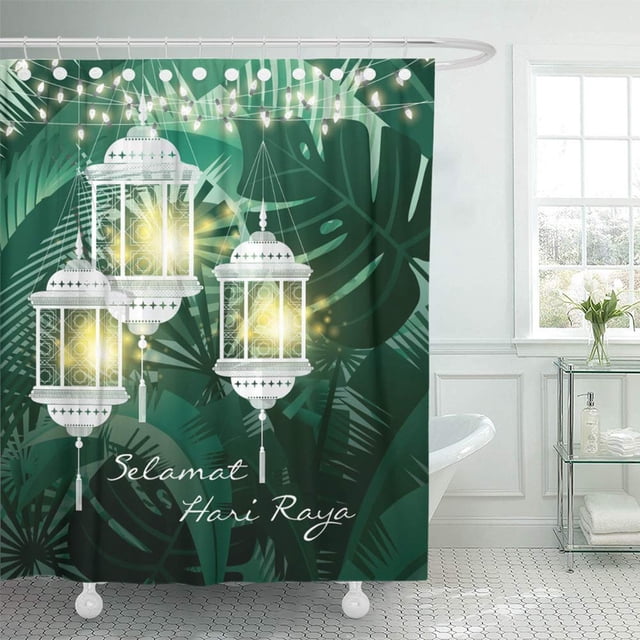 ABPHQTO Tropical Hari Raya Greetings with Lantern Lamp Banana Leaf Baño Cortinas de ducha 152x180 cm