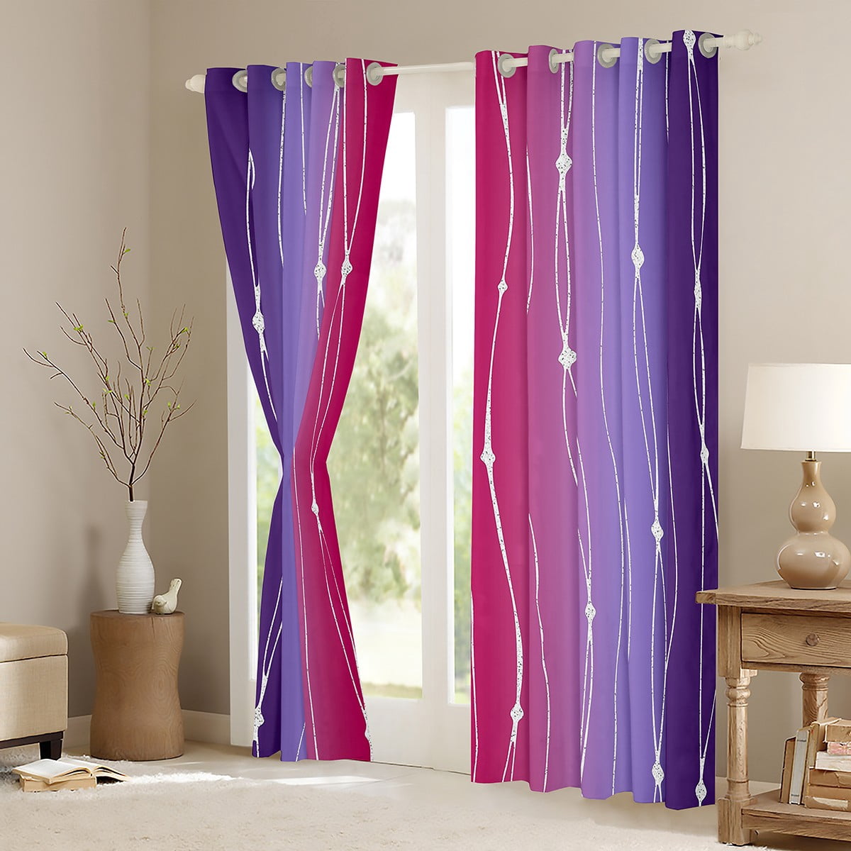 Erosebridal Purple and Pink Blackout Curtains Gradient Ombre Curtains, Wave Lines Dots Curtains & Drapes Aesthetic Geometry Window Curtains Modern Abstract Living Room Curtains Room Decor
